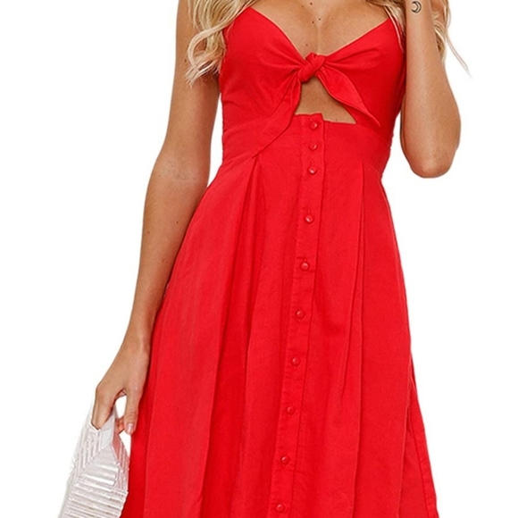 Women Dress  Tie Front V-Neck Spaghetti Strap Button Down - Picture 2 of 16